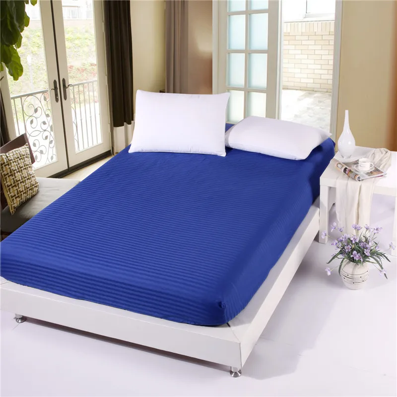  1pcs 100% Cotton Solid Color Fitted Sheet Stripe Mattress Cover Four Corners With Elastic Band Bed 