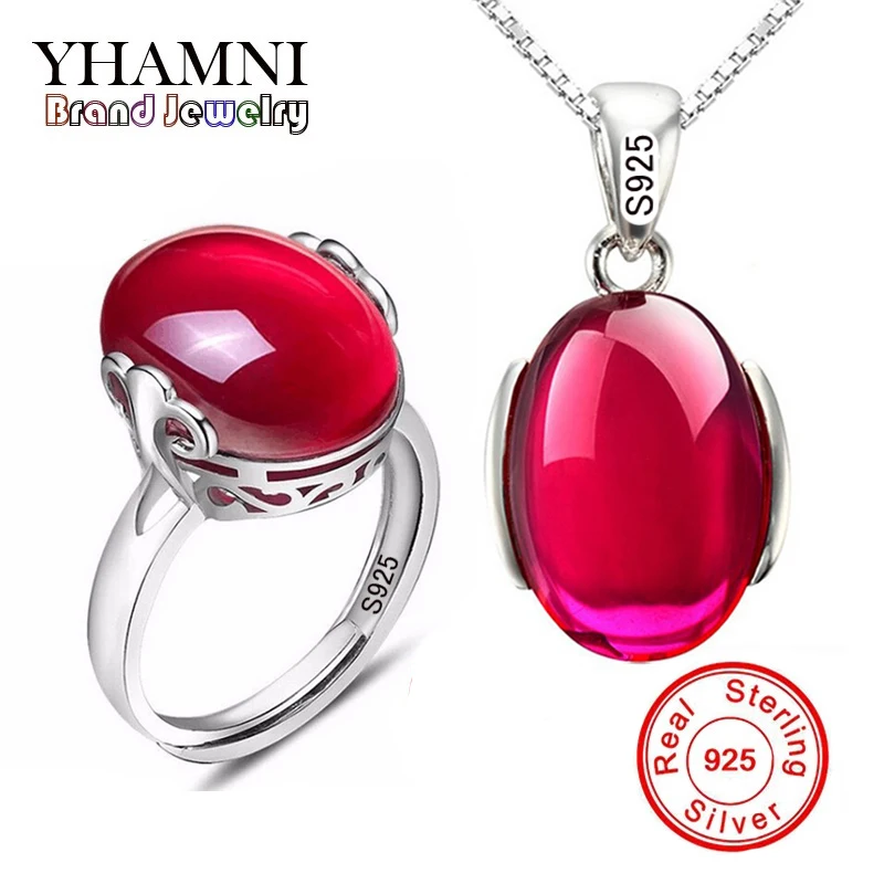 

YHAMNI Fashion Big Natural Stone Ring Necklace Sets Pure 925 Solid Silver Red Crystal Bridal Jewelry Sets for Women AS001