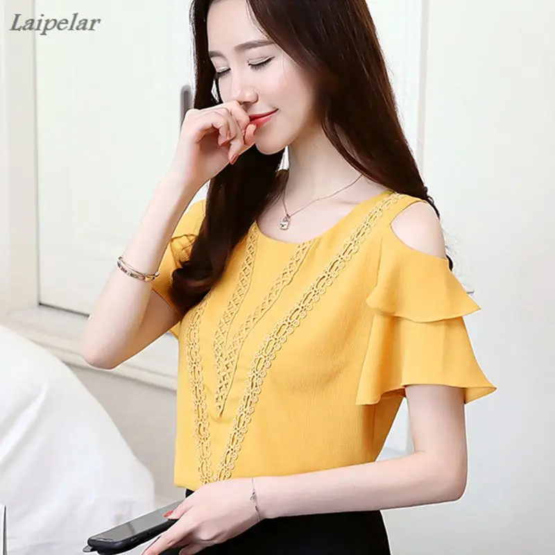 

Blouses 2018 Fashion Women Sexy Off Shoulder Embroidered Chiffon Blouse Short Sleeve Ruffled Shirt Casual Loose Ladies Clothing