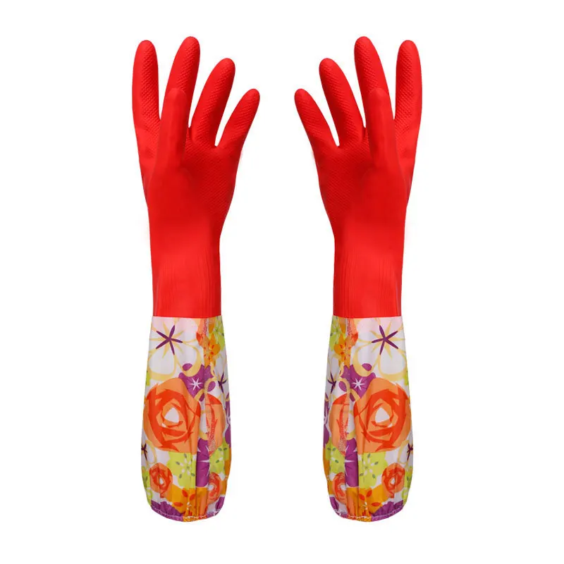 Многофункциональная Полезная Кухня мыть посуду с длинным рукавом резиновая бархатная подкладка Водонепроницаемая Бытовая перчатка - Цвет: Красный