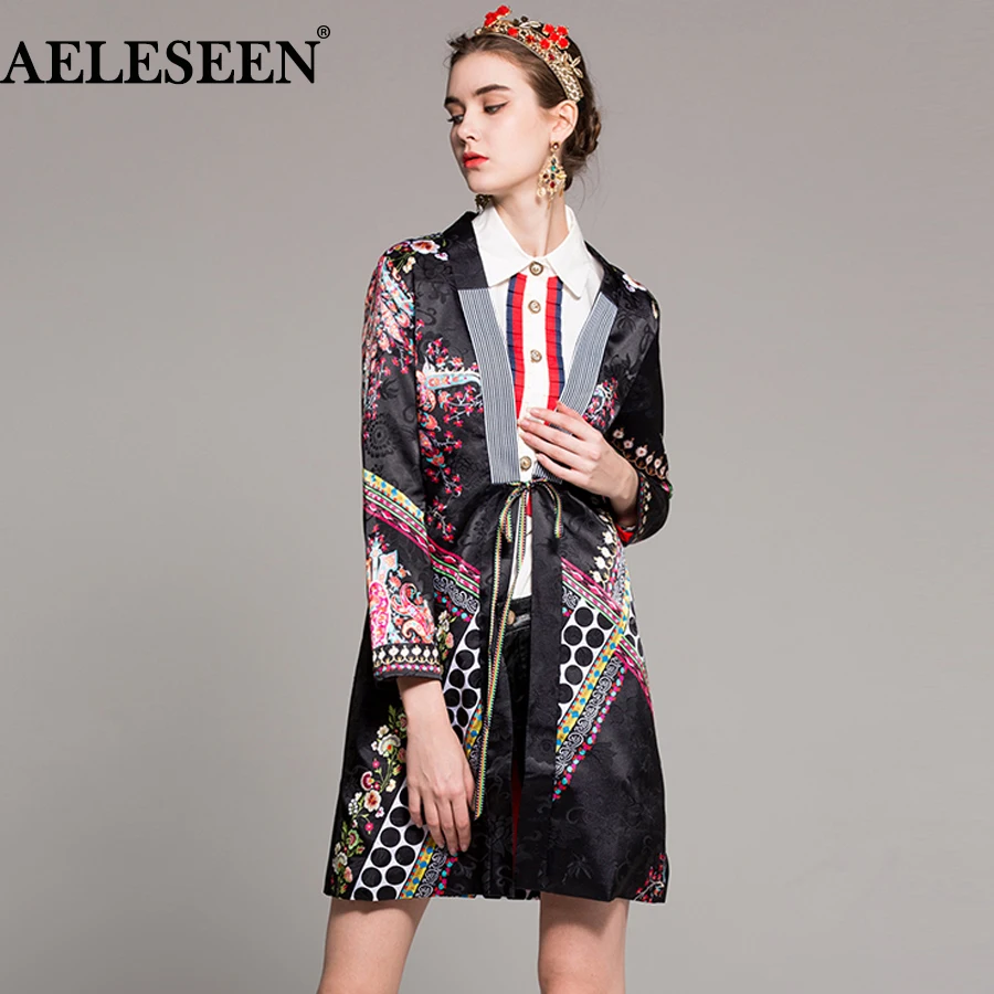 

AELESEEN Luxury Ethnic Jacquard Jacket 2018 Autumn Lace up Elegant Designer Black Adjustable Floral Print Vintage Long Jacket