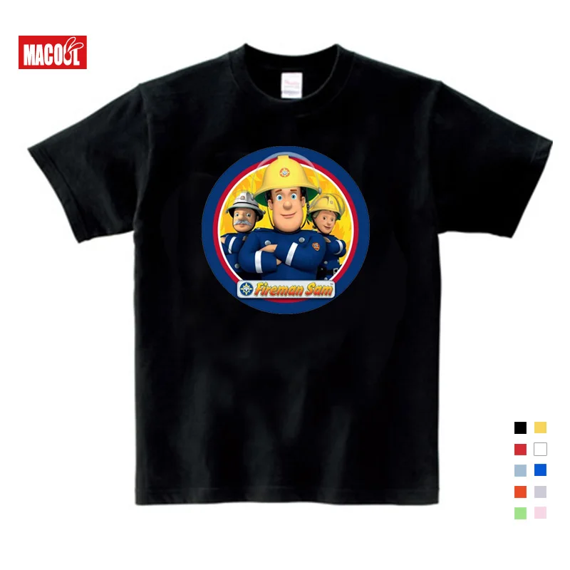 3T-9T Children Fireman Sam Pattern Print T-shirts Boy Short Sleeve T Shirt Girls Tee Tops Kids Summer Cotton White Shirt Clothes