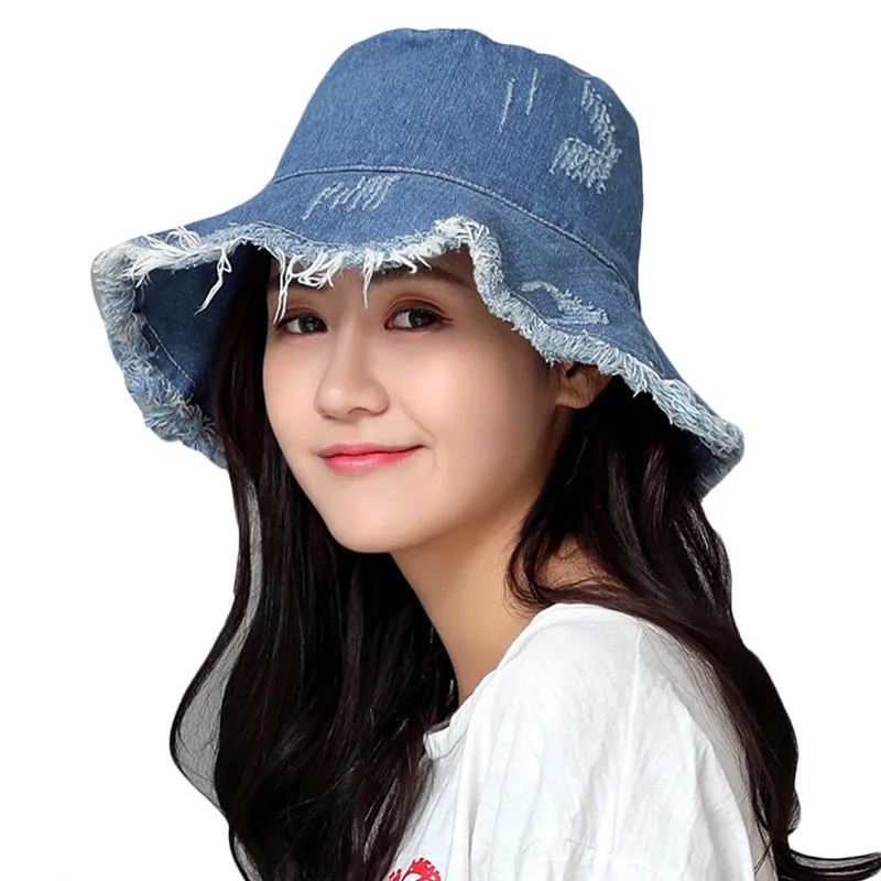 Summer Washed Denim Sun Hat Women Fashion Tassel Floppy Cap Ladies Wide