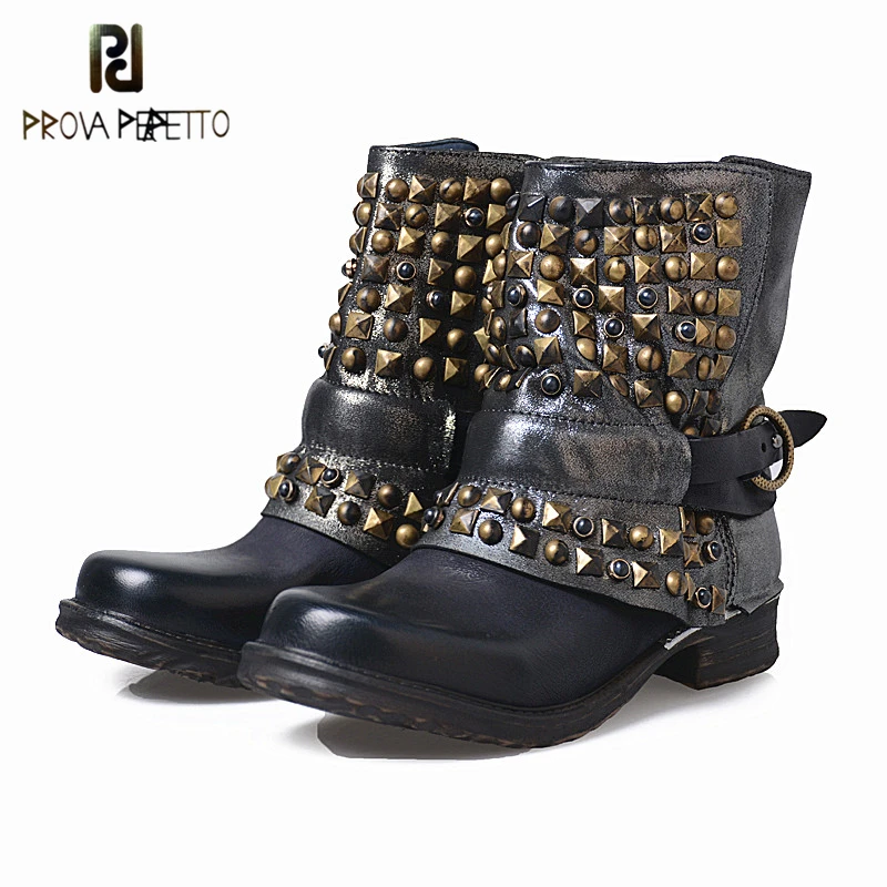 

Prova Perfetto Fashion Neutral Style Rivets Hand-some Strap Zipper-side Woman Boots Punk Design Hoof Heel Short Motercycle Boots