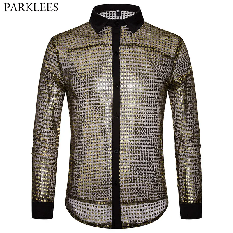 Shiny Gold Transparent Shirt Men 2018 New Sexy See Through Dress Shirts Men Nightclub Stage Prom Dance Sequin Glitter Shirt Male Shiny Gold Transparent Shirt Men 2018 New Sexy See Through Dress Shirts Men Nightclub Stage Prom Dance Sequin Glitter Shirt Male