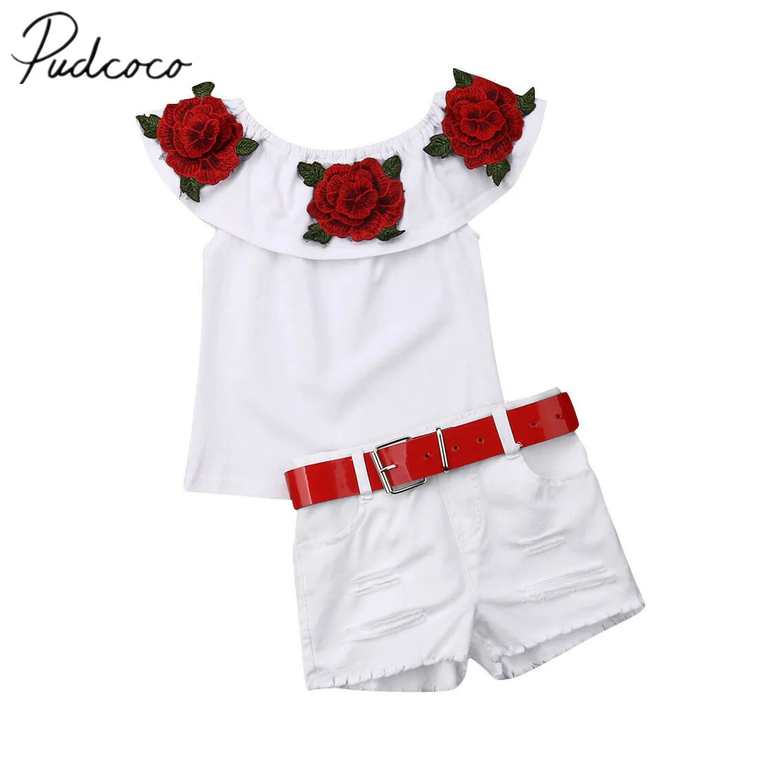 

2019 Baby Summer Clothing Toddler Girl Floral Off-Shoulder Ruffled Top+ Sash Denim Ripped Shorts Embroidery 2Pcs Outfits 1-7T
