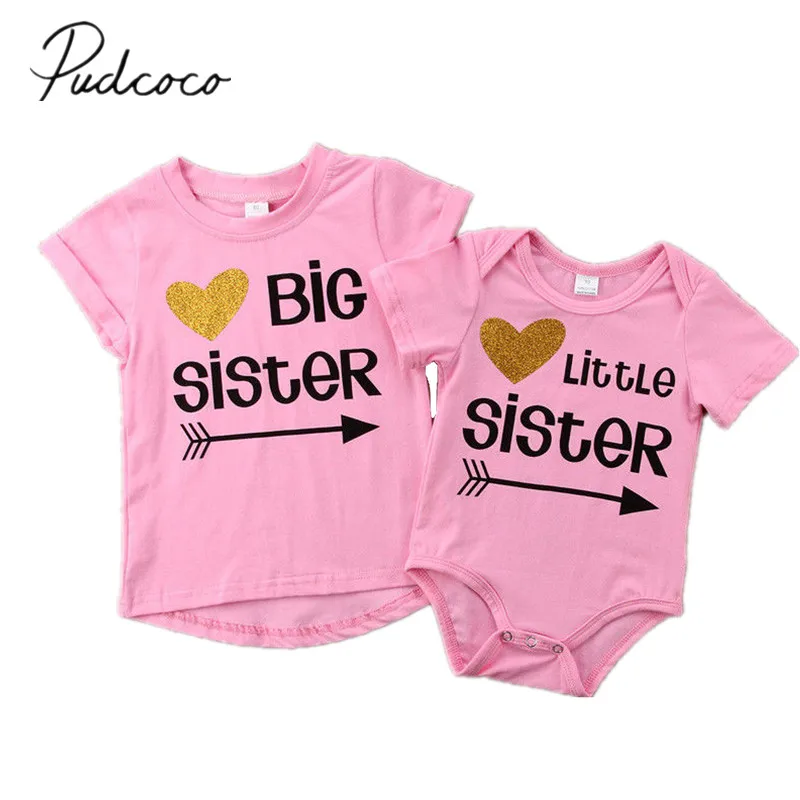 2018 Brand New Matching Cotton Clothes Big Sister T-shirt Little Sister Romper Outfit Casual Tops Summer Brief Clothes