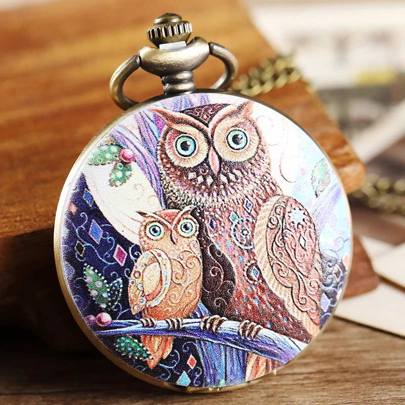 Vintage Purple Two Owl Pattern Pocket Watch Women Men Painted Steampunk Bronze Pocket Watch Elegant Women Necklace Pendant Chain Vintage Purple Two Owl Pattern Pocket Watch Women Men Painted Steampunk Bronze Pocket Watch Elegant Women Necklace Pendant Chain