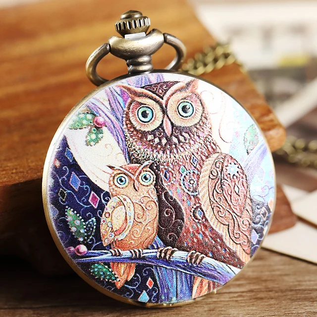 Vintage Purple Two Owl Pattern Pocket Watch Women Men Painted Steampunk Bronze P Vintage Purple Two Owl Pattern Pocket Watch Women Men Painted Steampunk Bronze P