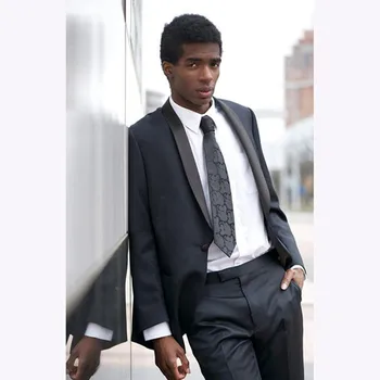 

2018 Charcoal grey Mens Suit Blazer Black Shawl Lapel Slim Fit 2 Pieces gray tuxedo Groom wedding suits for men (Jacket+Pants)