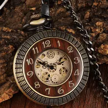 Circel de madera único Dial de engranaje bronce antiguo Reloj de bolsillo mecánico hombres Vintage cadena con grabado cuerda a mano Steampunk reloj mujeres