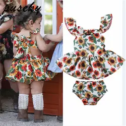 Puseky/летний комплект одежды с цветочным принтом для новорожденных девочек, мини-платье с рюшами и рукавами с открытой спиной и подсолнухом