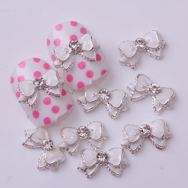 10Pcs White Cute Ribbon Bowknot Bling Rhinestone Nail Art Accessories Cellphone Decoration Nail Art High Quality