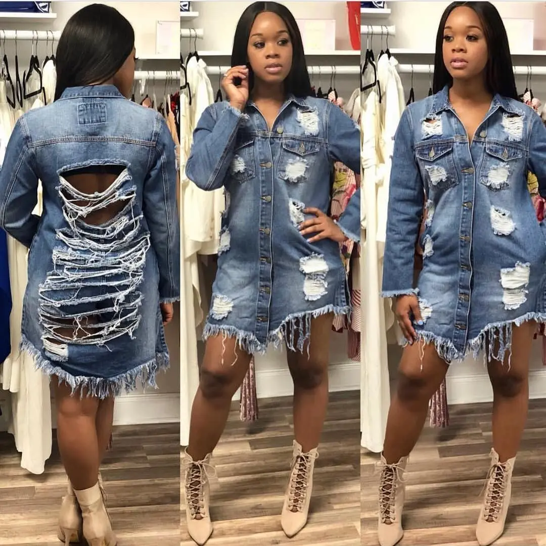 

New Denim Women's jacket hole in the long section of the torn wind denim female bomber denim jacket