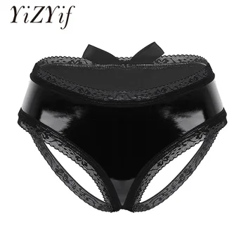 

YiZYiF Women Sexy Midnight Bow-Tie Panties Lingerie Wetlook Faux Leather Open Back Floral Lace Low Rise Bikini Briefs Underwear