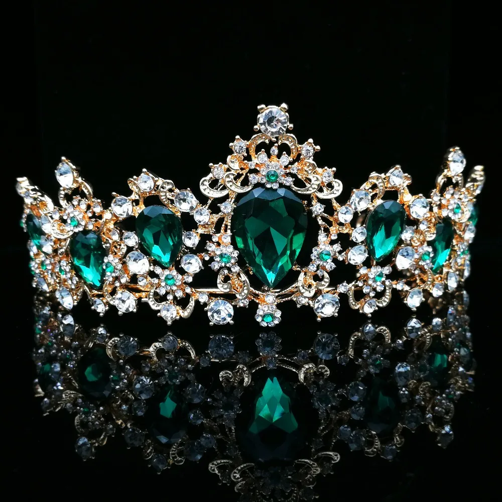 Baroque Crown Red Blue Green Crystal Bridal Tiaras Crown Vintage Gold Hair Accessories Wedding Rhinestone Diadem Pageant Crowns