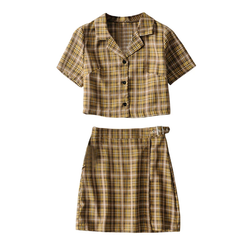 

Plaid shirt suit female wild casual short shirt high waist skirt two-piece temperament fashion loose 2019 summer women's clothes