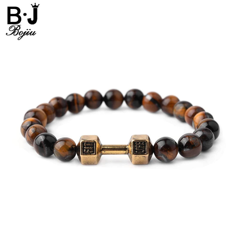 

BOJIU Men Jewelry Chakra Bracelet FIT Metal Accessory Natural Stone Bead Elastic Men Bracelets Antique Gold Pendant MBC45