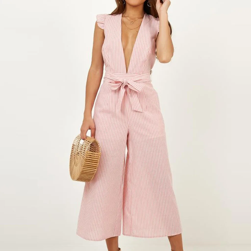 Sexy deep v neck Ruffle pick Striped Loose Jumpsuit with bow Fashion Women summer Sexy Sleeveless Backless Jumpsuit overalls Sexy deep v neck Ruffle pick Striped Loose Jumpsuit with bow Fashion Women summer Sexy Sleeveless Backless Jumpsuit overalls