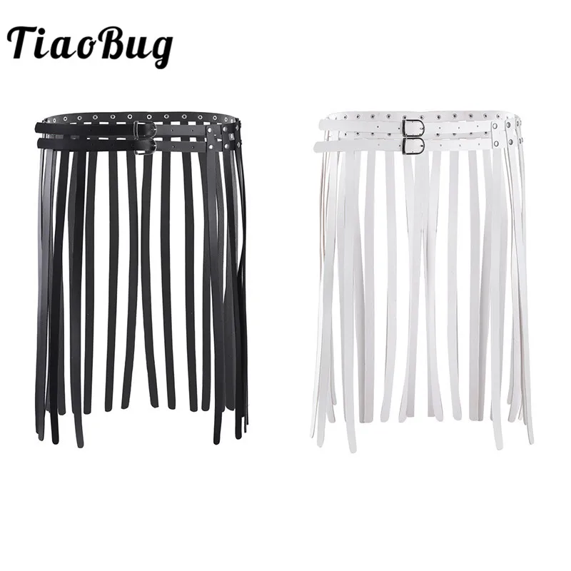 

TiaoBug Fashion Women Ladies Black Leather Hippie Boho Buckle Harajuku Belt Long Fringe Tassel Skirt Punk Gothic Rave Belt Skirt