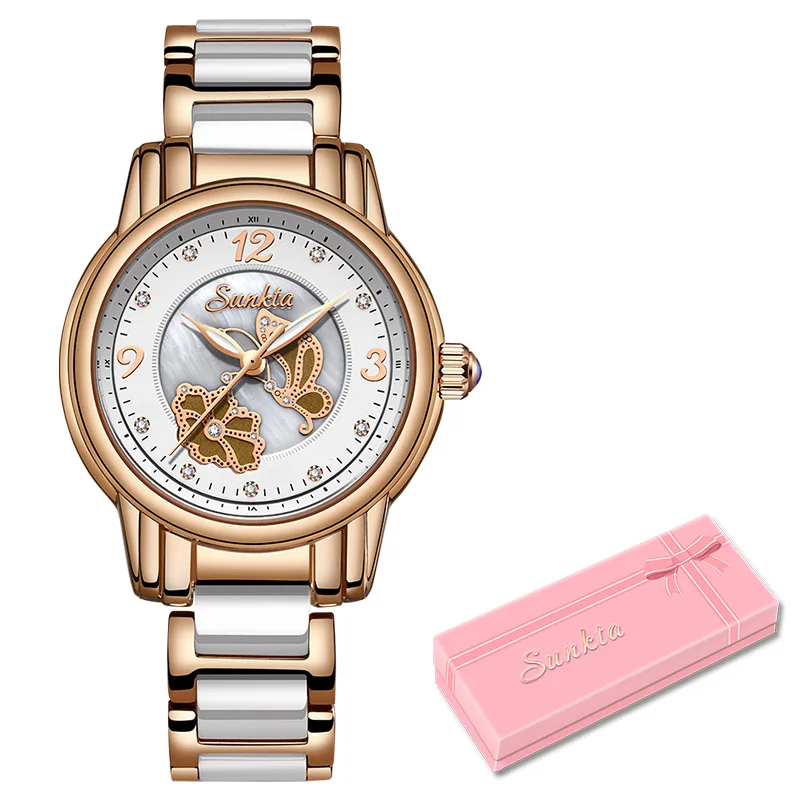 Rose gold white SUNKTA2019 Новинка, женские часы из розового золота, кварцевые часы для девушек, Топ бренд, роскошные женские часы, женские часы, Relogio Feminino+ коробка - Цвет: Rose gold white