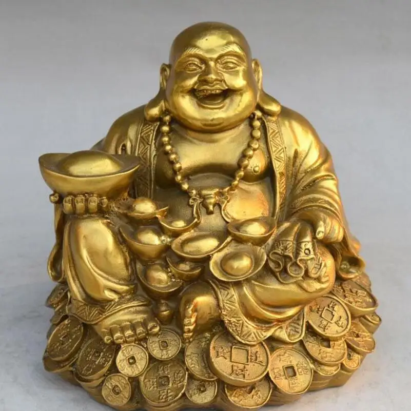 Feng Shui Laughing Buddha Golden color On Chair With Ingot And Money Coin