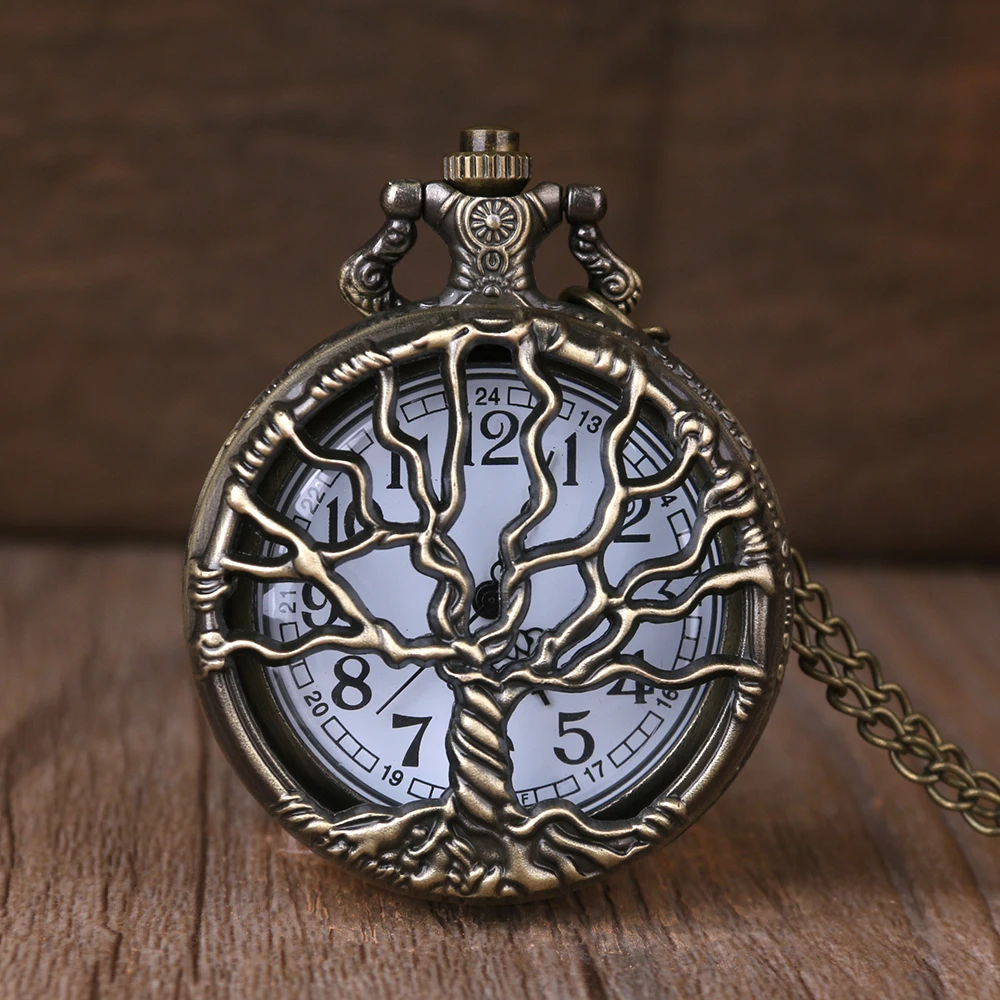 

New Retro Unisex Bronze Hollow Tree Design Quartz Pocket Watch With Fob Chain Women Watch Pendant Necklace Chain Men Gift CF1088