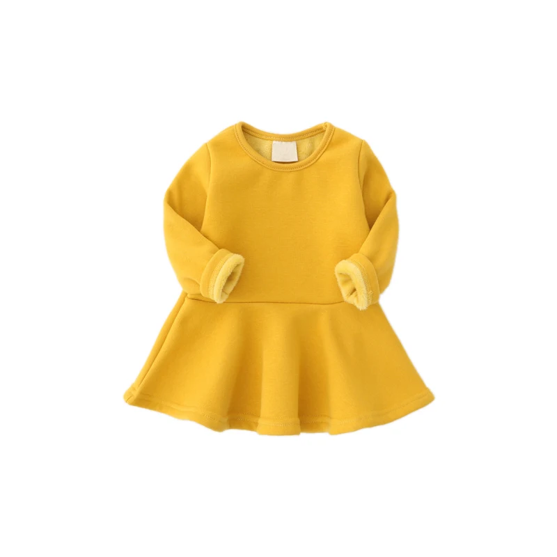 

Autumn Winter Casual Baby Girls Solid Print Dress Plus Velvet Kids Toddler Long Sleeve Sundress For Girls Children Clothing