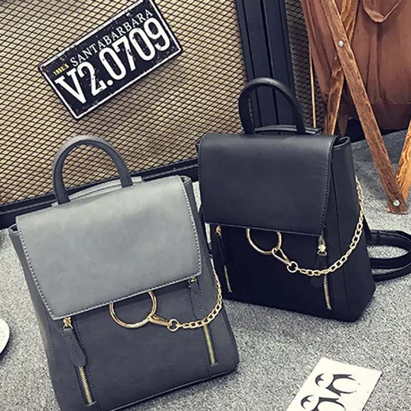 AEQUEEN Leather Backpack Girls Chain Ring Women Shoulder Bags Teeneger Backpacks Ladies School Bags Rucksack
