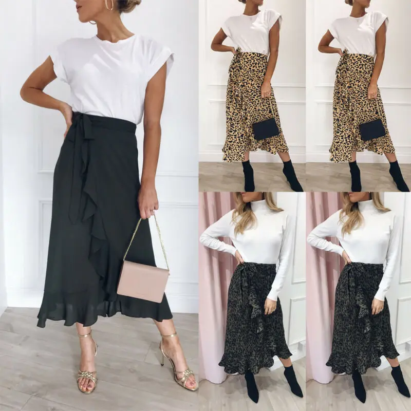 

Summer Women Ladies Leopard Print Boho Maxi Skirt Casual Beach High Waist Midi Calf Skirt