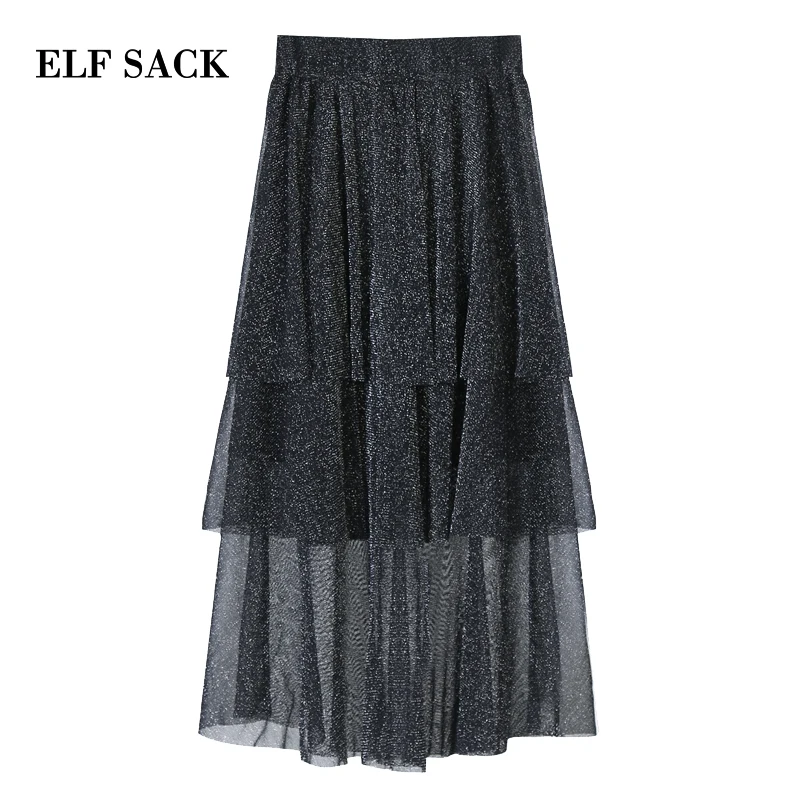 ELF SACK Women Long Skirt Ruffles Casual Skirts Female A-Line Korean Style Long Skirts Autumn Fashion Week Skirts