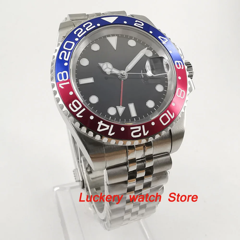 

40mm Parnis Blue and red Bezel black dial red GMT luminous marks sapphire glass automatic Mens Watch-PA71