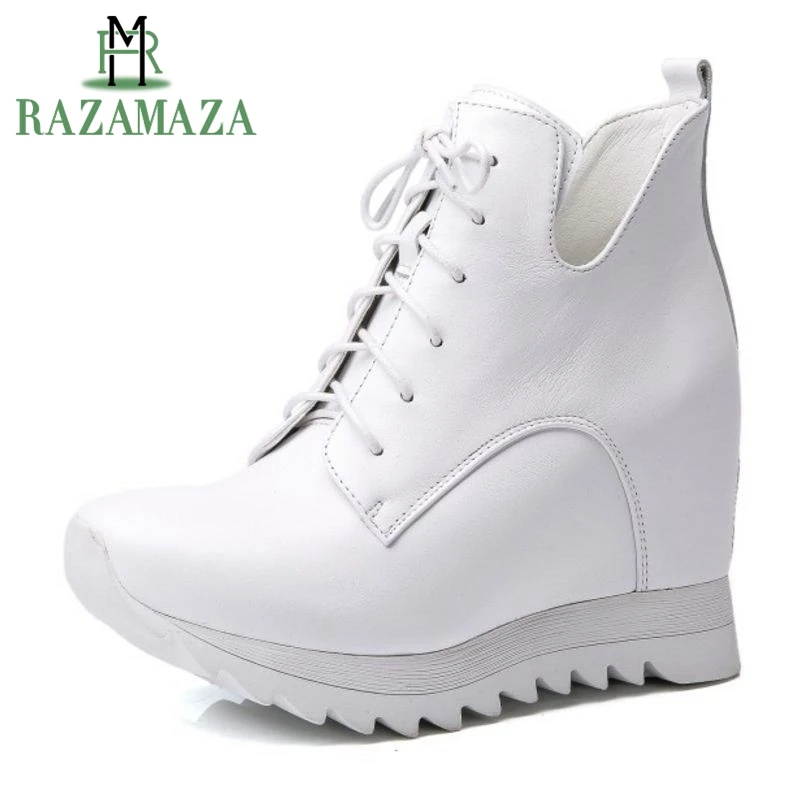 

RAZAMAZA Size 31-40 Ladies Real Leather Wedges Boots Height Increasing Thick Platform Shoes Women Side Zipper Lace Up Footwear