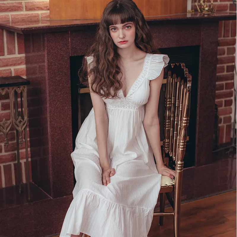 

2019 Hot Honeymoon Nightdress Sexy Deep V-Neck Sleeveless Lace Cotton Women Summer Night Wear Home Dress Elegant Nightgown