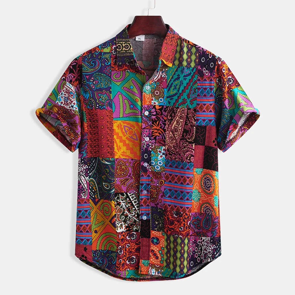 Mens Shirt chemise Summer Ethnic Short Sleeve Shirt Casual Cotton Linen Printing Hawaiian Shirt Men Blouse camisas masculina NEW - Цвет: Multicolor