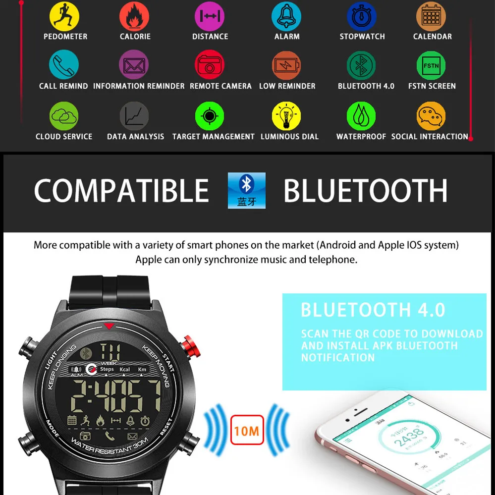 JeiSo Bluetooth Смарт часы IP67 водонепроницаемые спортивные с резиновым ремешком