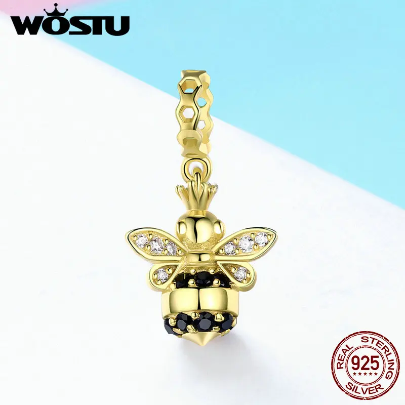 

WOSTU Real 100% 925 Sterling Silver 2019 Fashion Plated Gold Bee Charms Bead Fit Bracelet Pendant Fashion Jewelry Gift FIC831