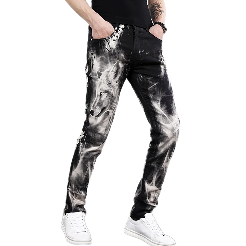 Men's Fashion Wolf Printed Denim Jeans New Spring Summer Slim Black Painted Straight Pants Cool Streetwear Male Long Trousers