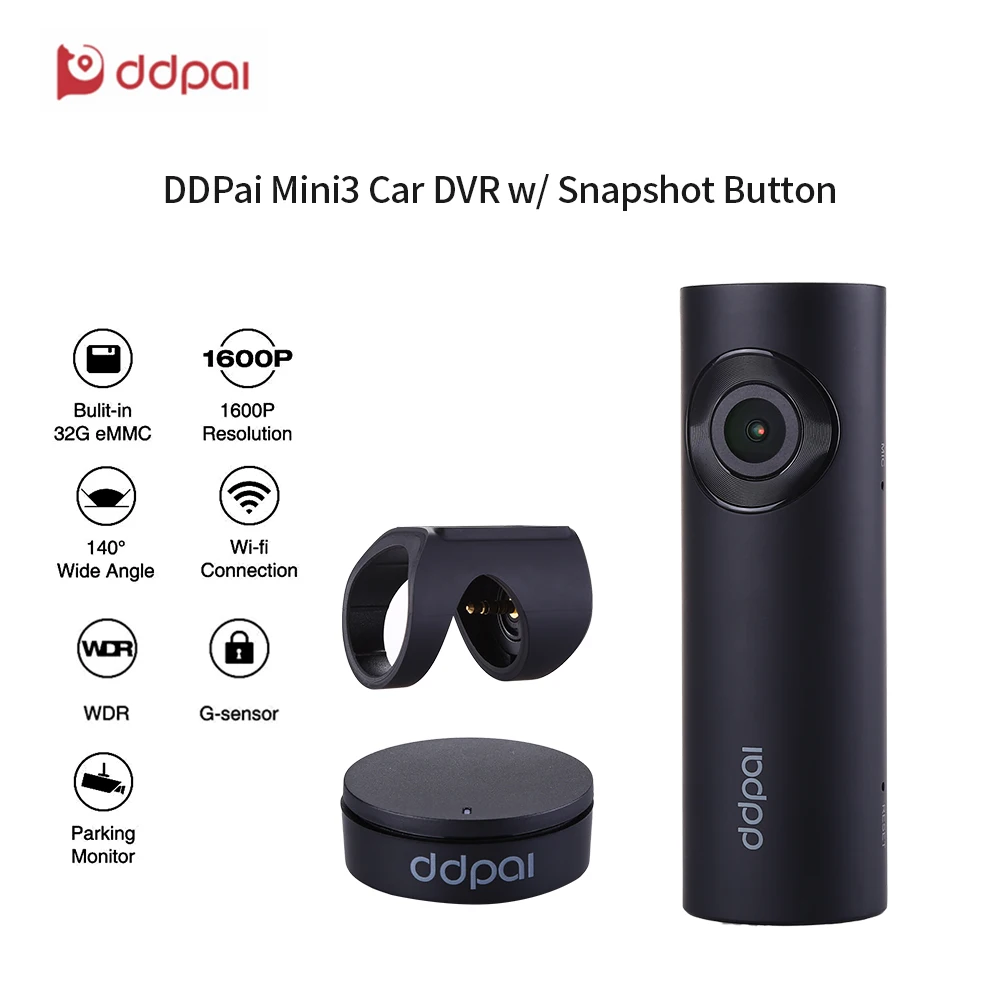 DDPai Mini3 Car HD 1600P Dash Cam DVR Built-in 32G eMMC Storage Car WIFI Camera Loop Recording Dash Camera with F1.8 Aperture