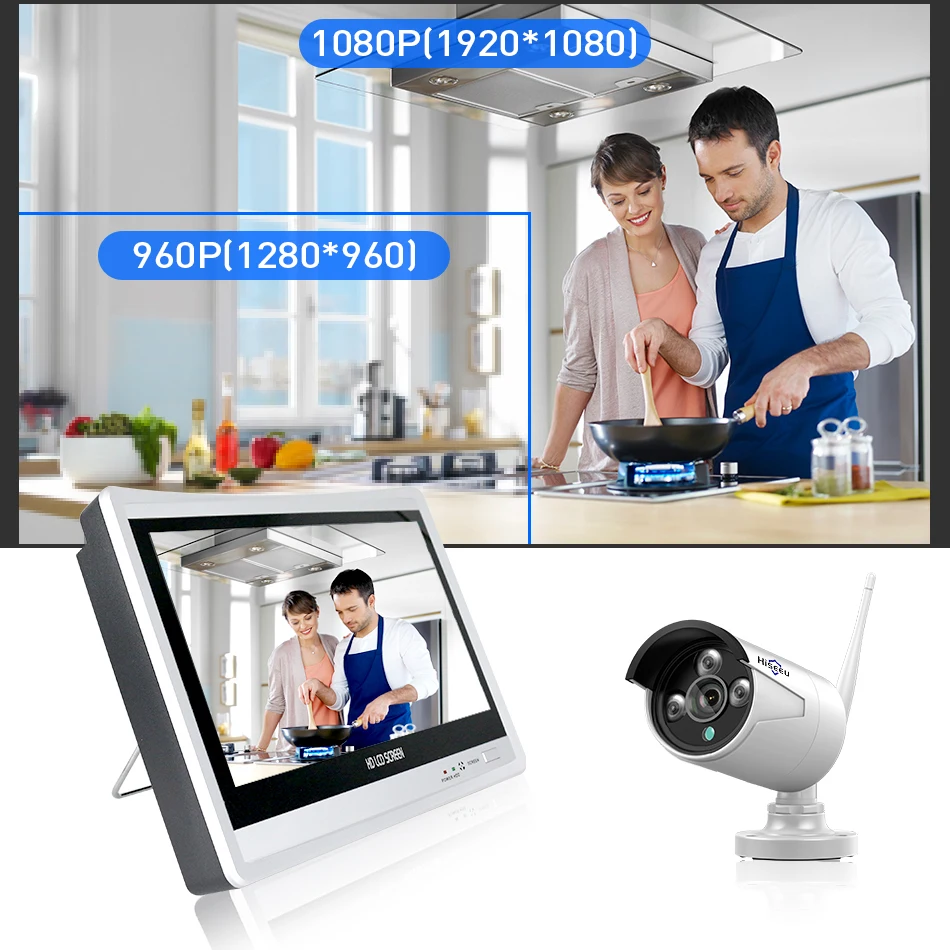 Hiseeu 12 дюймов дисплей 4 шт 1080P Беспроводная система видеонаблюдения IP камера 8CH NVR wifi система видеонаблюдения домашняя система безопасности комплект