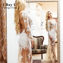 Abendkleider Crystal 2016 White Sheer Lace Beaded Prom Dresses Vestido De Festa Longo Hijab Evening Dresses LongDresses Evening