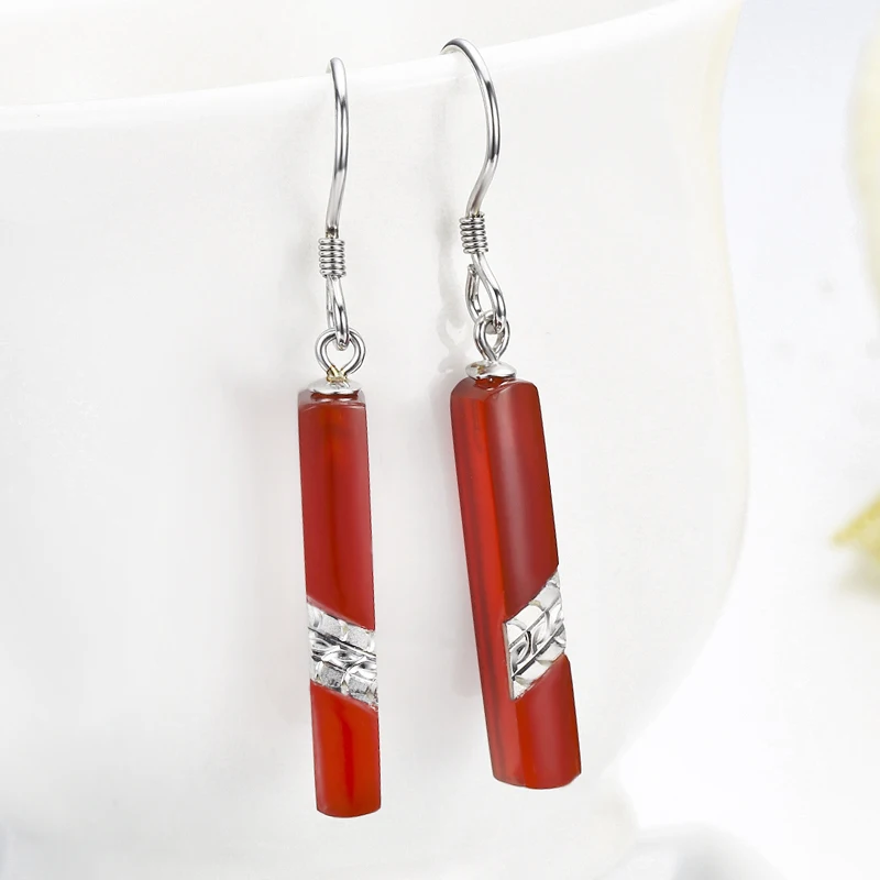 Женские серьги подвески из серебра 925 пробы с красным или черным агатом|drop earrings|hook