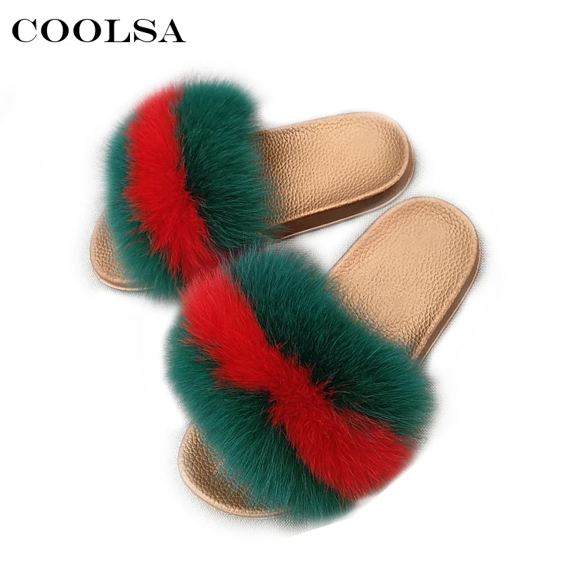 

Coolsa New Women's Bling Bling Slippers Fluffy Really Fox Fur Slides PVC Golden Plating Flat Non-slip Home Slippers Beach Sandal