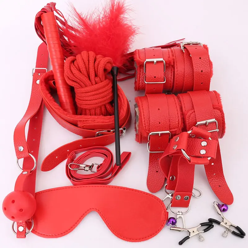 Tanie 10 sztuk zestaw Sexy bielizna PU Leather Sex kajdanki bdsm Bondage zestaw Footcuff gag Whip Rope Blindfold erotyczne zabawki erotyczne dla dorosłych