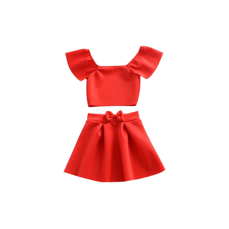 

HOT 2PCS summer Girls set tops and Pleated skirt girls red Suits Dance clothing baby party priness set for 0-3Age