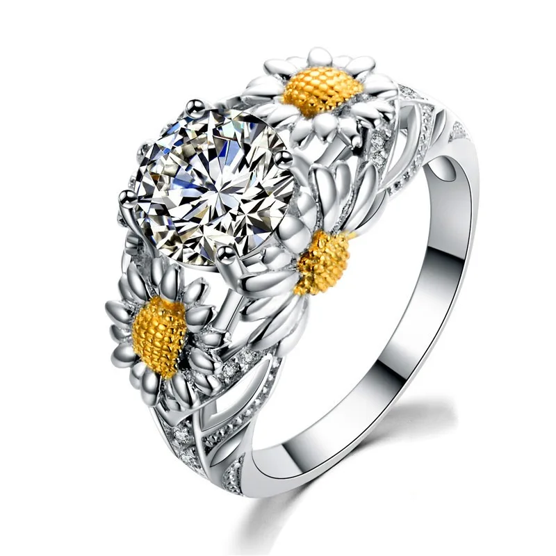 Модные серебряные кольца с камнем рождения, 2 стиля, круглый кристалл, медное кольцо «Подсолнух» для женщин, обручение, юбилей, ювелирное изделие, подарок