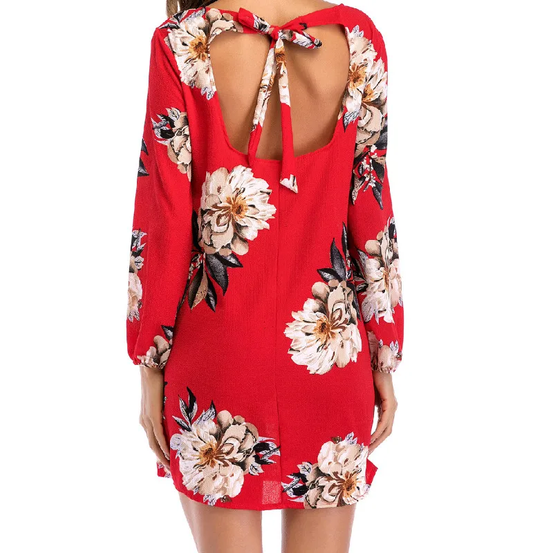 

Spring Summer Dress Sweet Flower Printed Dresses Women Long Sleeve Round Collar Backless Bow Print Dresses Robe Femme GV337