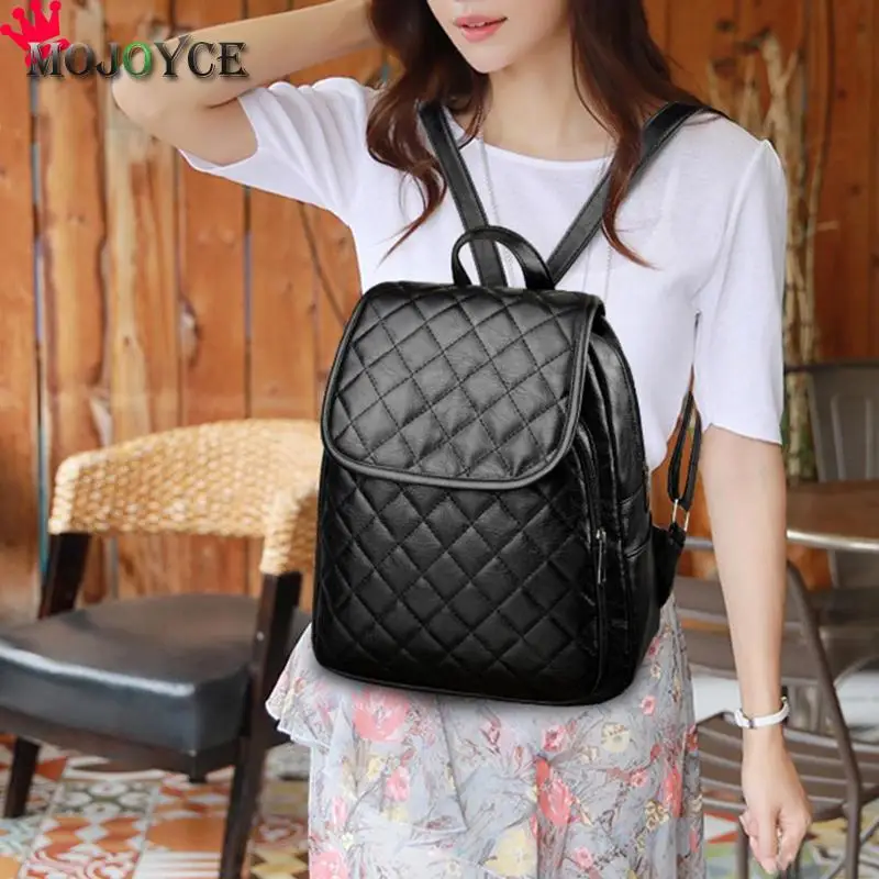  Fashion Black PU Leather Backpack Female Plaid Backpacks for Adolescent Girls Women Spliced Casual  - 32918250258