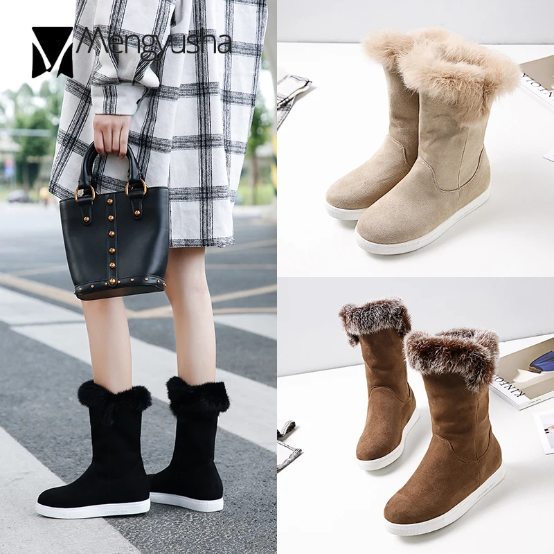 34 43 Real rabbit fur snow boots women warm flats shoes velvet mid calf