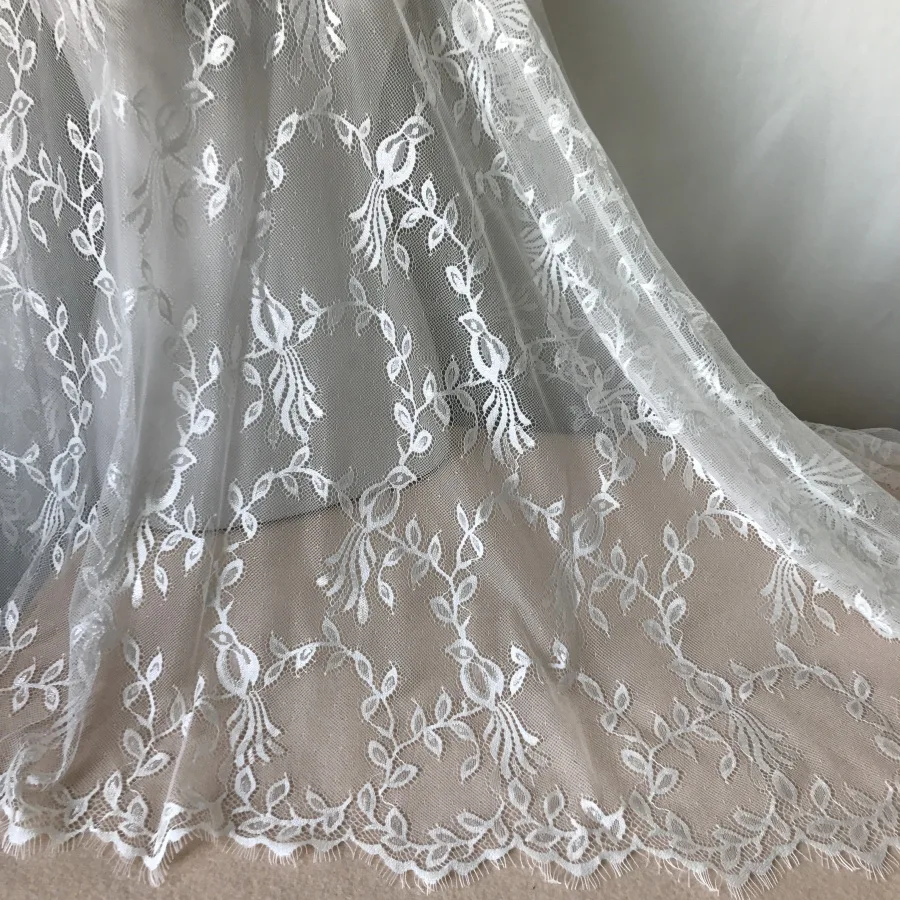 

High Quality Leaf Pattern French Eyelash Lace Fabric In White 3M Long 145cm Width Embroidered DIY Handmade Lace Fabric